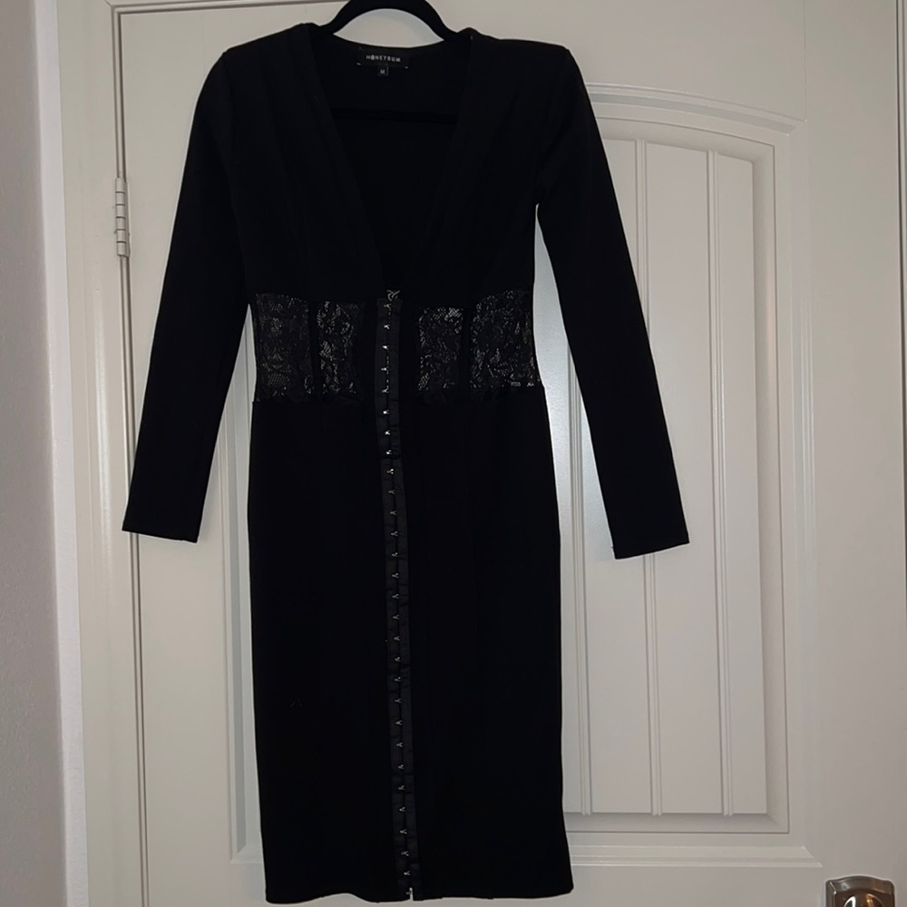 Black v neck dress with corset and lace detailing